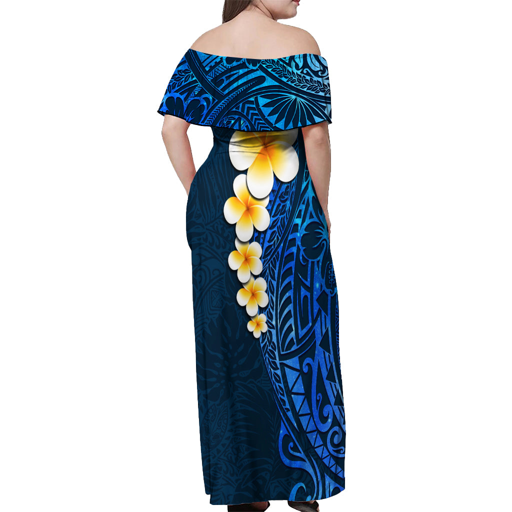 Blue Polynesia Off Shoulder Maxi Dress Plumeria Tropical Leaves With Galaxy Polynesian Art - Wonder Print Shop