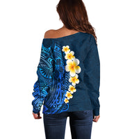 Blue Polynesia Off Shoulder Sweater Plumeria Tropical Leaves With Galaxy Polynesian Art - Wonder Print Shop