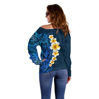 Blue Polynesia Off Shoulder Sweater Plumeria Tropical Leaves With Galaxy Polynesian Art - Wonder Print Shop