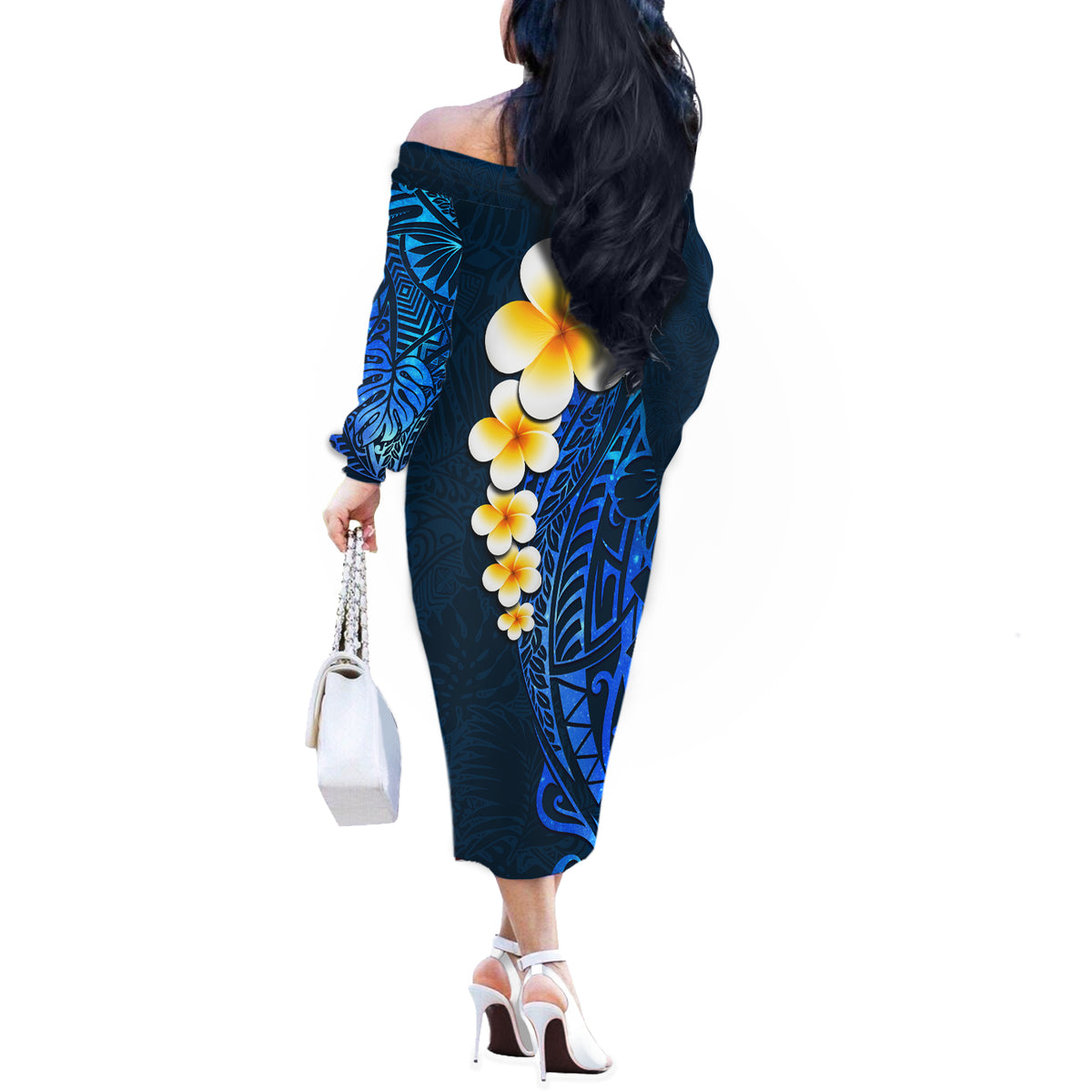 Blue Polynesia Off The Shoulder Long Sleeve Dress Plumeria Tropical Leaves With Galaxy Polynesian Art - Wonder Print Shop