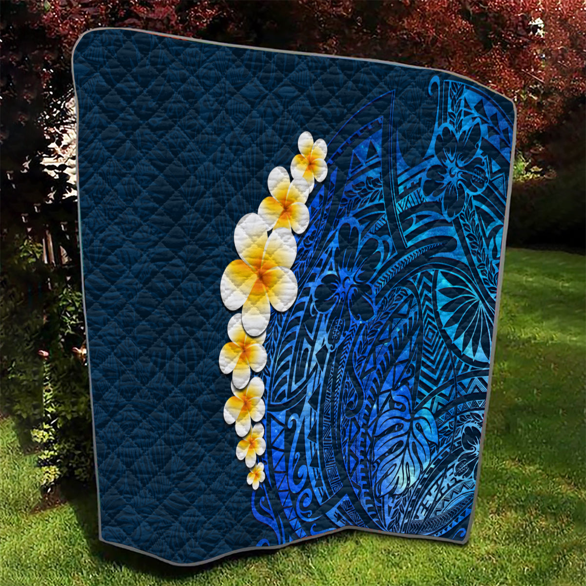 Blue Polynesia Quilt Plumeria Tropical Leaves With Galaxy Polynesian Art - Wonder Print Shop