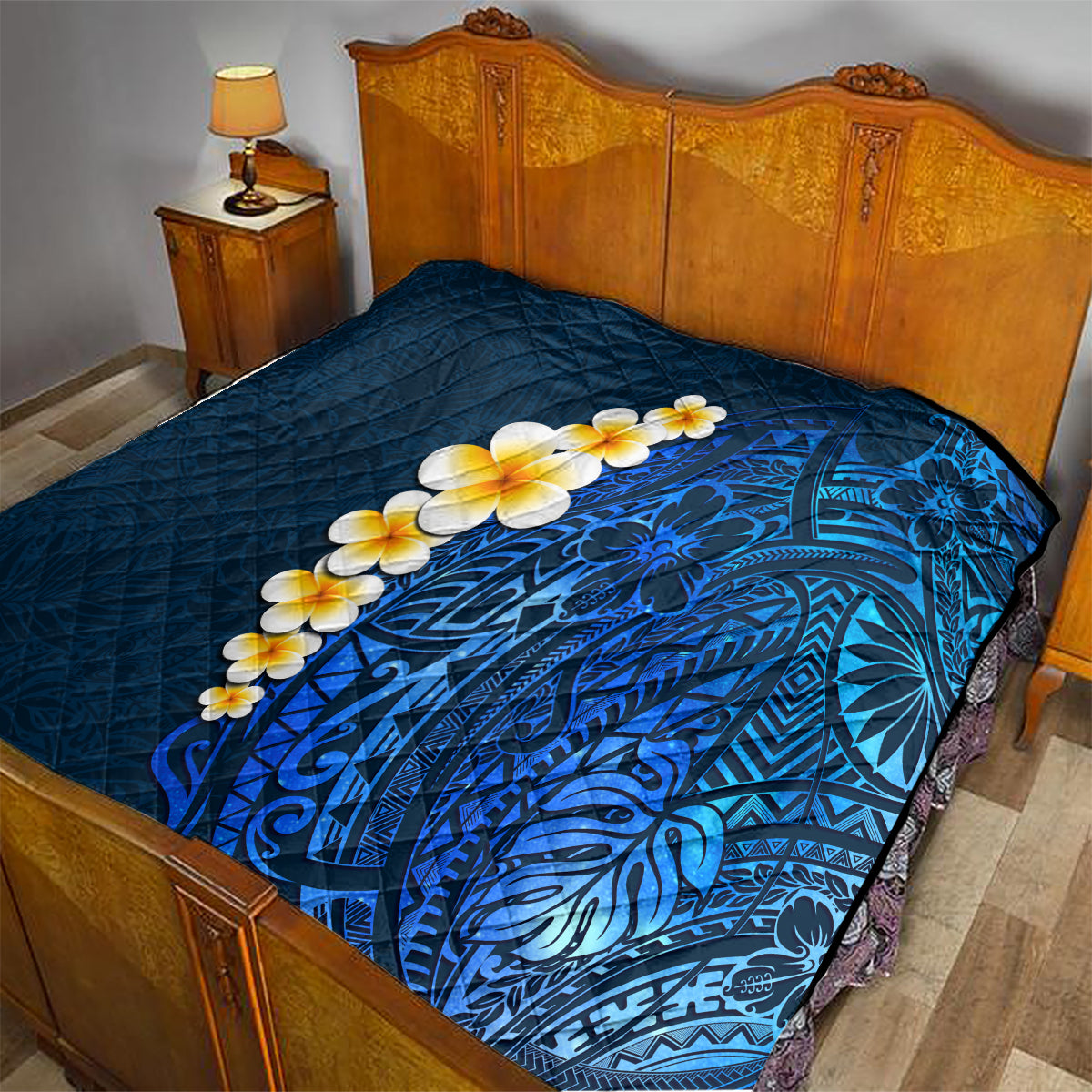 Blue Polynesia Quilt Plumeria Tropical Leaves With Galaxy Polynesian Art - Wonder Print Shop