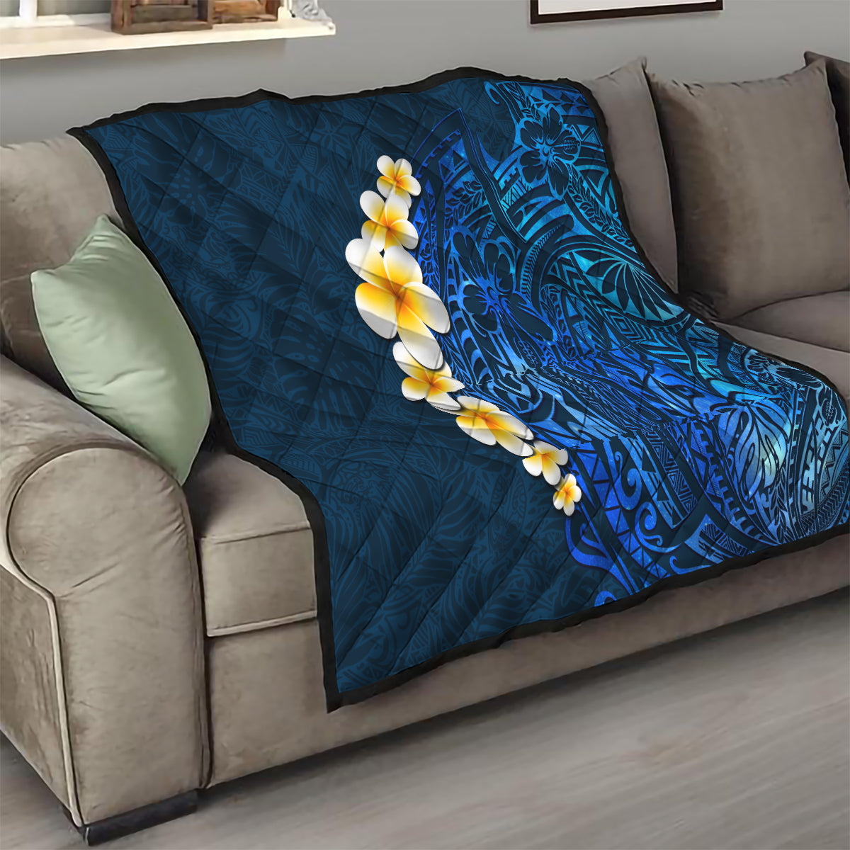 Blue Polynesia Quilt Plumeria Tropical Leaves With Galaxy Polynesian Art - Wonder Print Shop