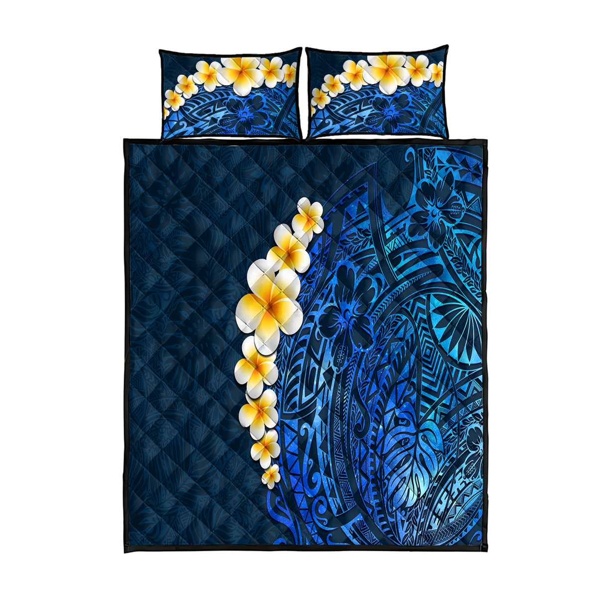 Blue Polynesia Quilt Bed Set Plumeria Tropical Leaves With Galaxy Polynesian Art - Wonder Print Shop