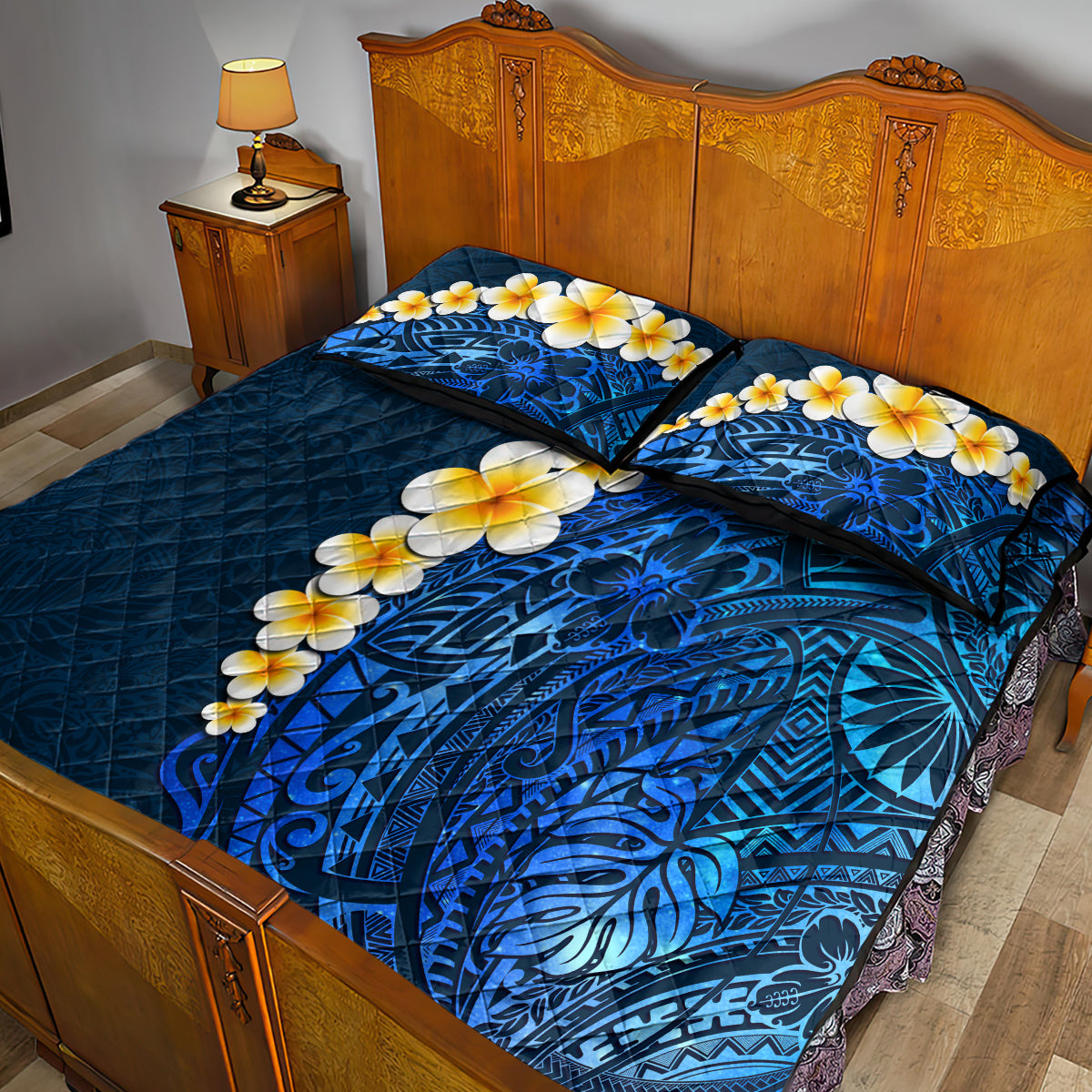 Blue Polynesia Quilt Bed Set Plumeria Tropical Leaves With Galaxy Polynesian Art - Wonder Print Shop