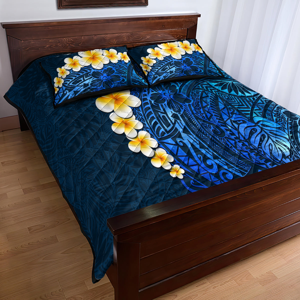 Blue Polynesia Quilt Bed Set Plumeria Tropical Leaves With Galaxy Polynesian Art - Wonder Print Shop