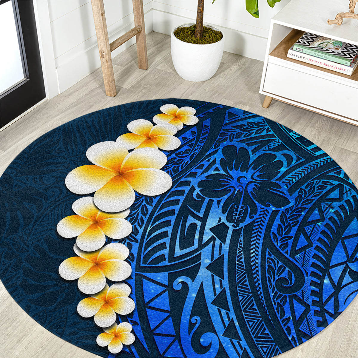 blue-polynesia-round-carpet-plumeria-tropical-leaves-with-galaxy-polynesian-art