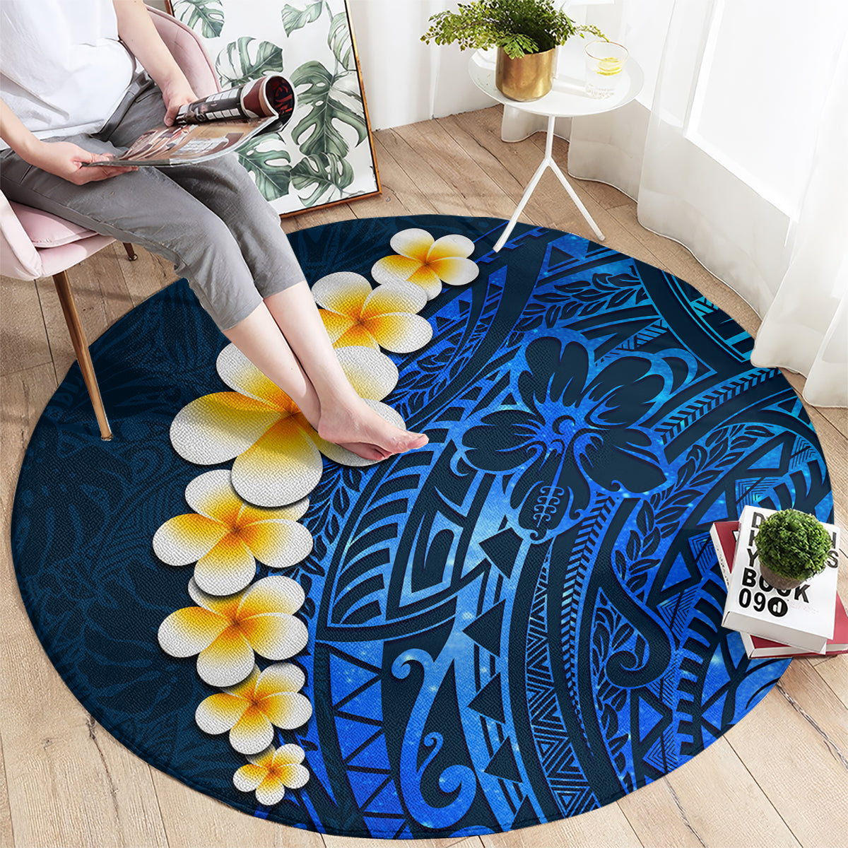 blue-polynesia-round-carpet-plumeria-tropical-leaves-with-galaxy-polynesian-art