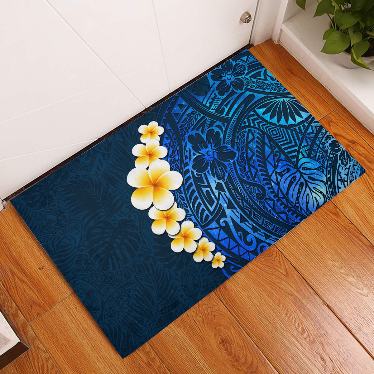 Blue Polynesia Rubber Doormat Plumeria Tropical Leaves With Galaxy Polynesian Art - Wonder Print Shop
