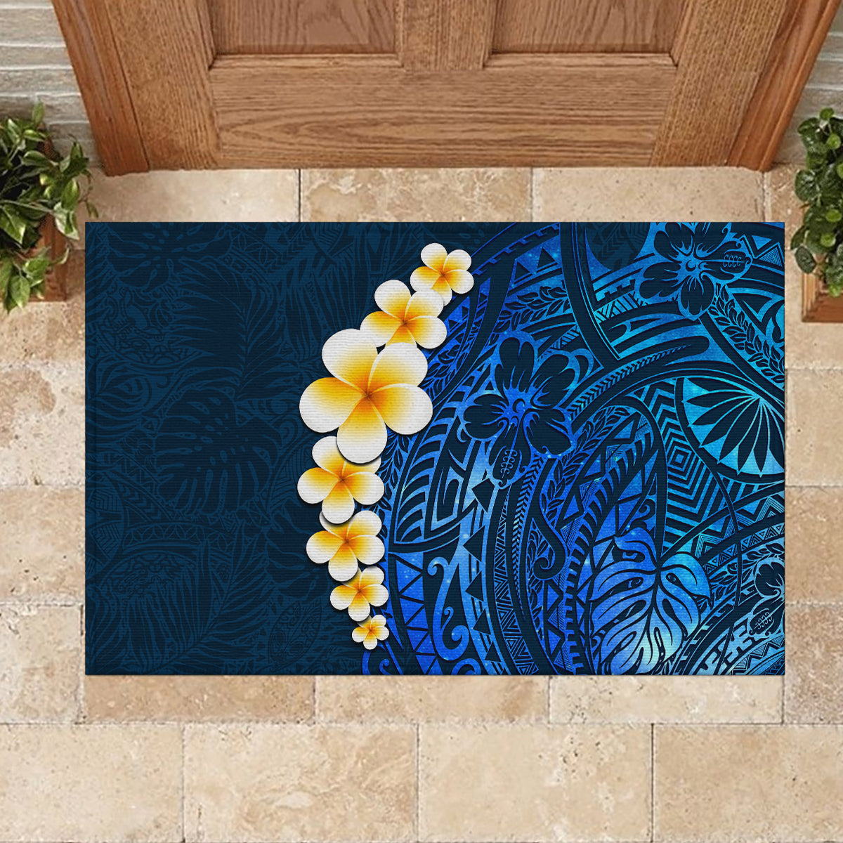 Blue Polynesia Rubber Doormat Plumeria Tropical Leaves With Galaxy Polynesian Art - Wonder Print Shop