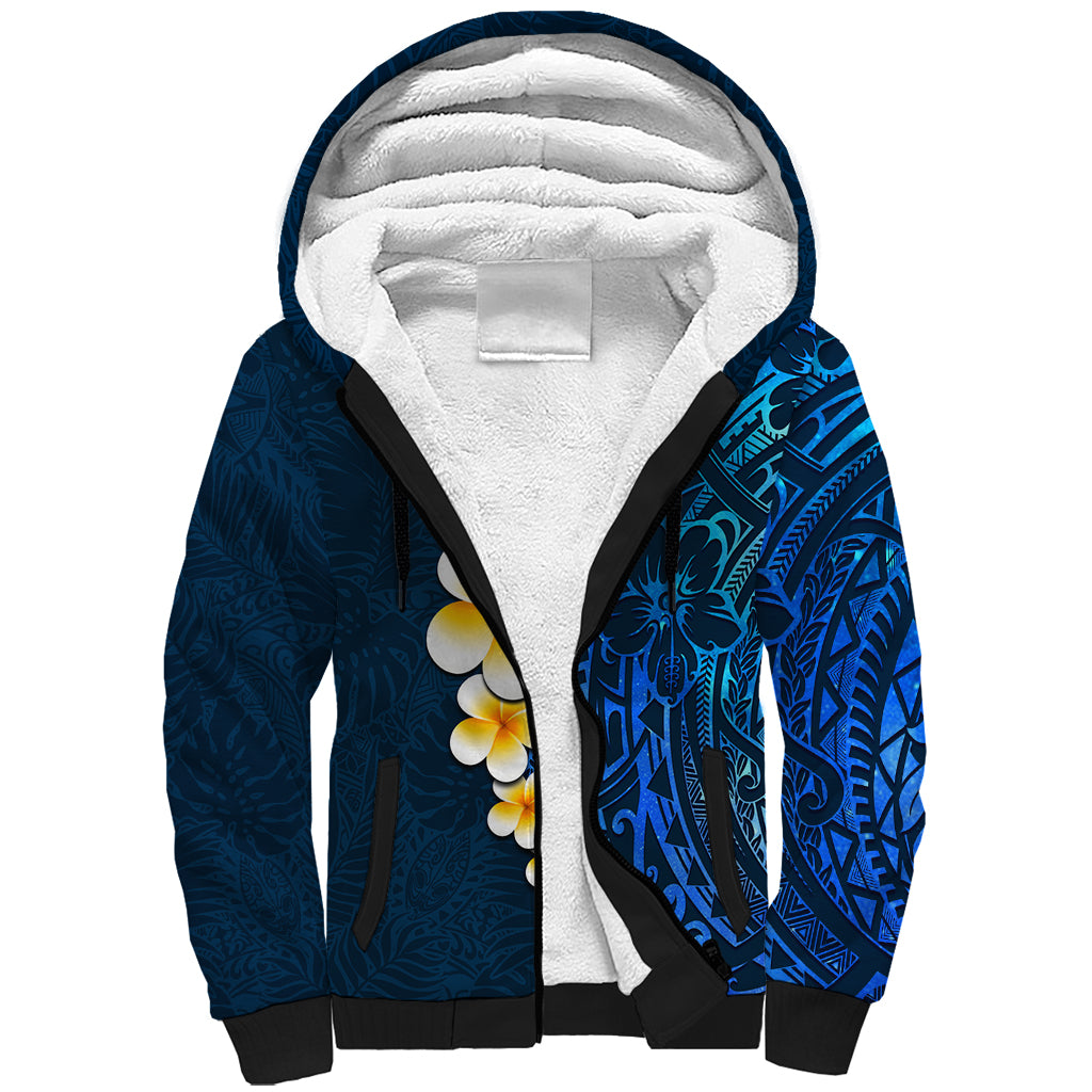 Blue Polynesia Sherpa Hoodie Plumeria Tropical Leaves With Galaxy Polynesian Art - Wonder Print Shop
