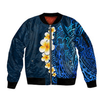 Blue Polynesia Sleeve Zip Bomber Jacket Plumeria Tropical Leaves With Galaxy Polynesian Art - Wonder Print Shop