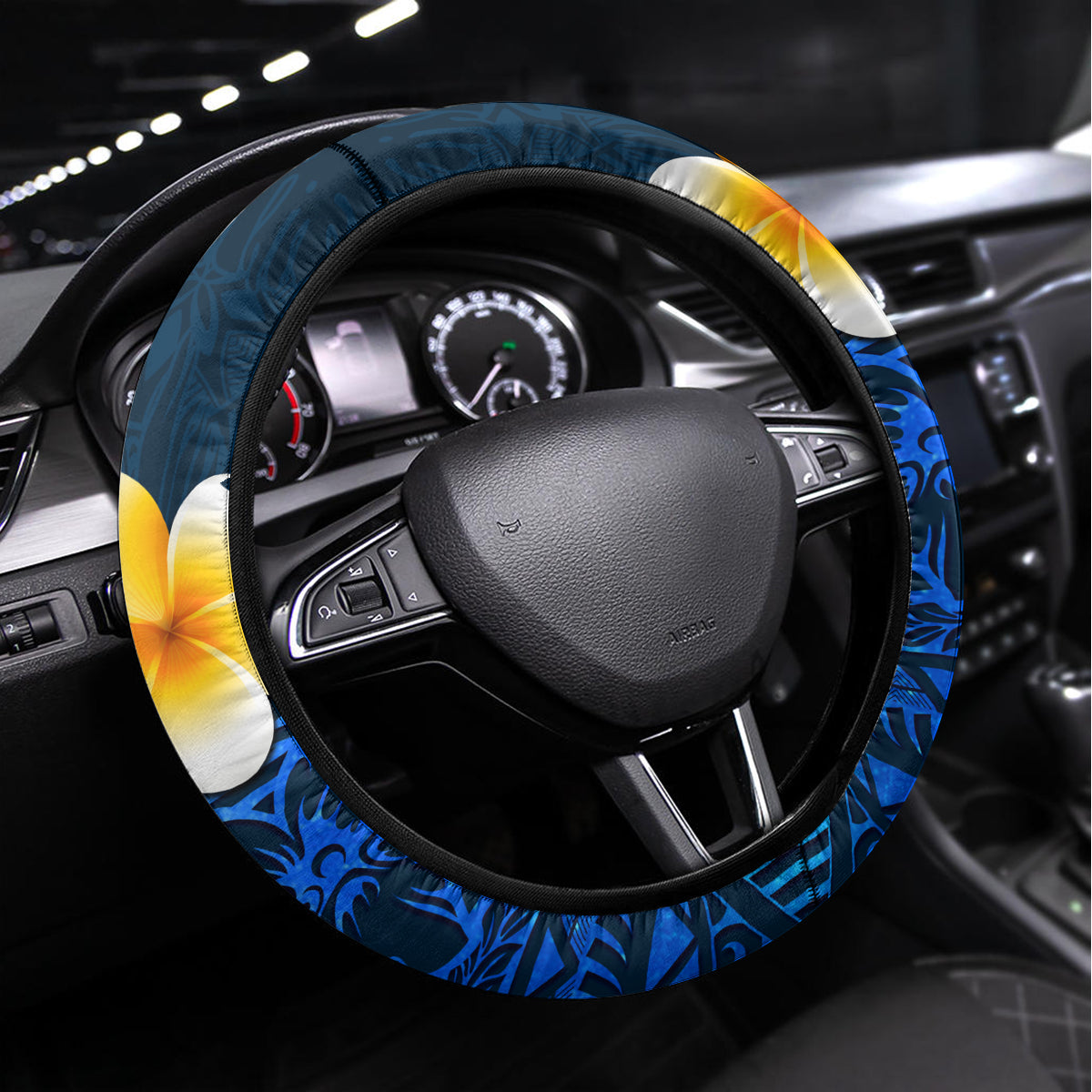 Blue Polynesia Steering Wheel Cover Plumeria Tropical Leaves With Galaxy Polynesian Art - Wonder Print Shop