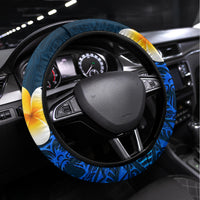 Blue Polynesia Steering Wheel Cover Plumeria Tropical Leaves With Galaxy Polynesian Art - Wonder Print Shop