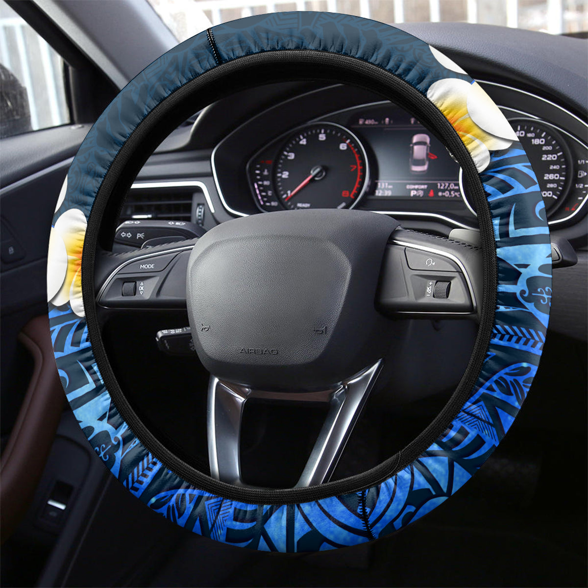 Blue Polynesia Steering Wheel Cover Plumeria Tropical Leaves With Galaxy Polynesian Art - Wonder Print Shop