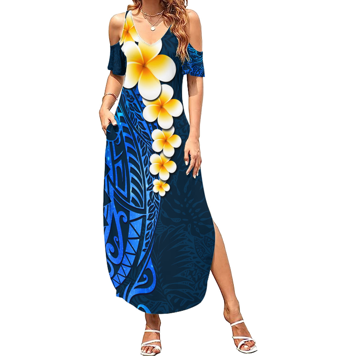 Blue Polynesia Summer Maxi Dress Plumeria Tropical Leaves With Galaxy Polynesian Art - Wonder Print Shop