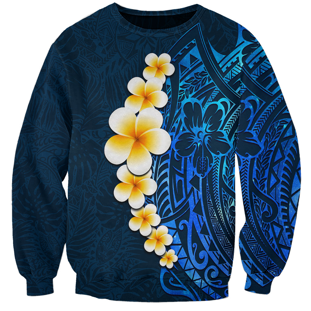 Blue Polynesia Sweatshirt Plumeria Tropical Leaves With Galaxy Polynesian Art - Wonder Print Shop