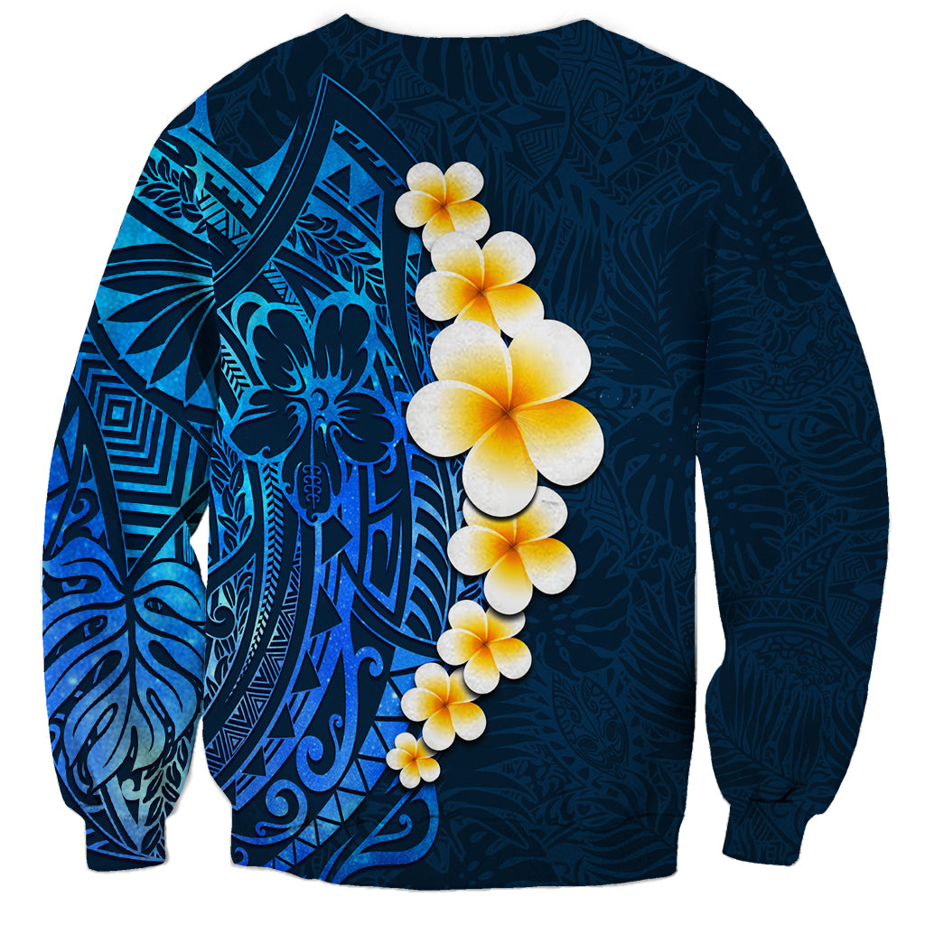 Blue Polynesia Sweatshirt Plumeria Tropical Leaves With Galaxy Polynesian Art - Wonder Print Shop