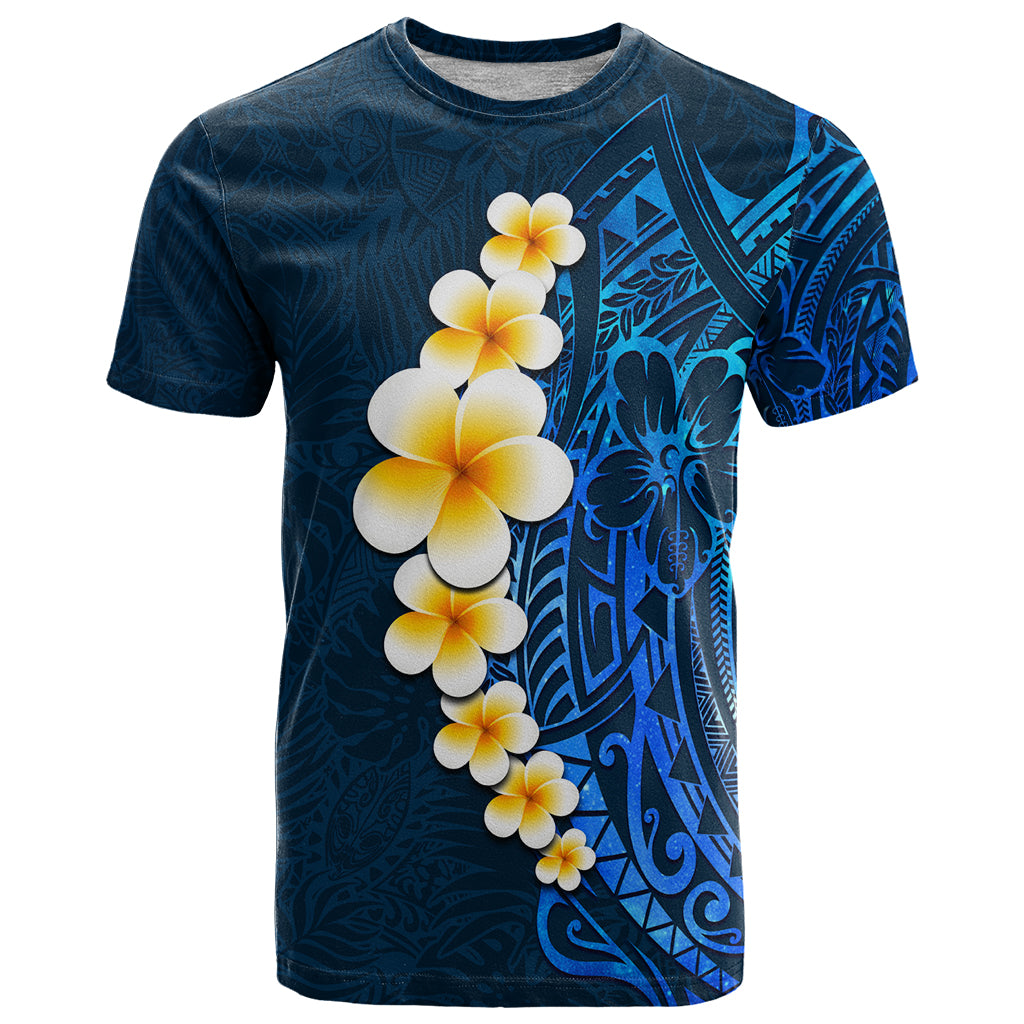 Blue Polynesia T Shirt Plumeria Tropical Leaves With Galaxy Polynesian Art - Wonder Print Shop
