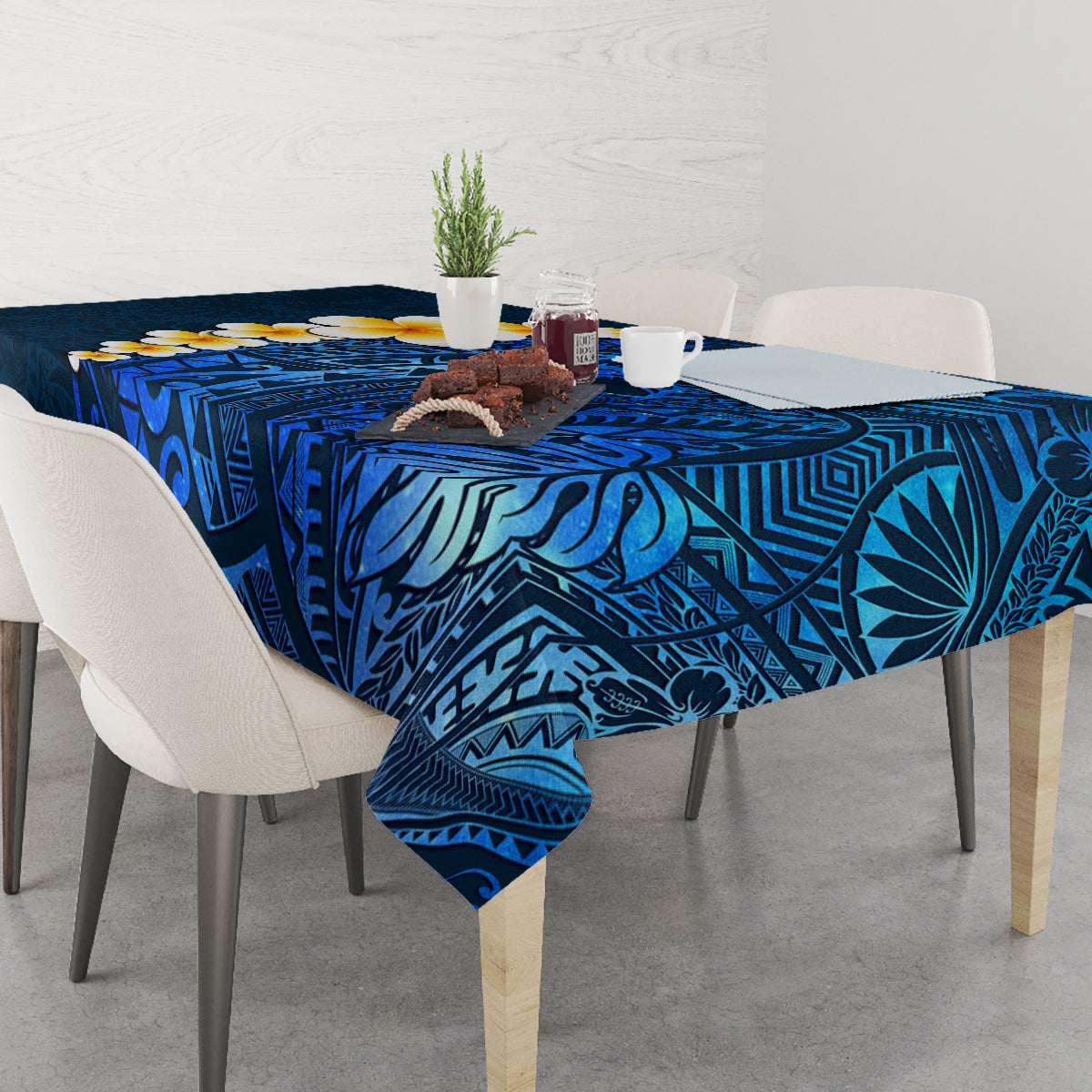 Blue Polynesia Tablecloth Plumeria Tropical Leaves With Galaxy Polynesian Art - Wonder Print Shop