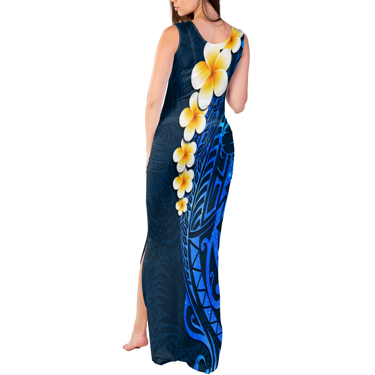 Blue Polynesia Tank Maxi Dress Plumeria Tropical Leaves With Galaxy Polynesian Art - Wonder Print Shop
