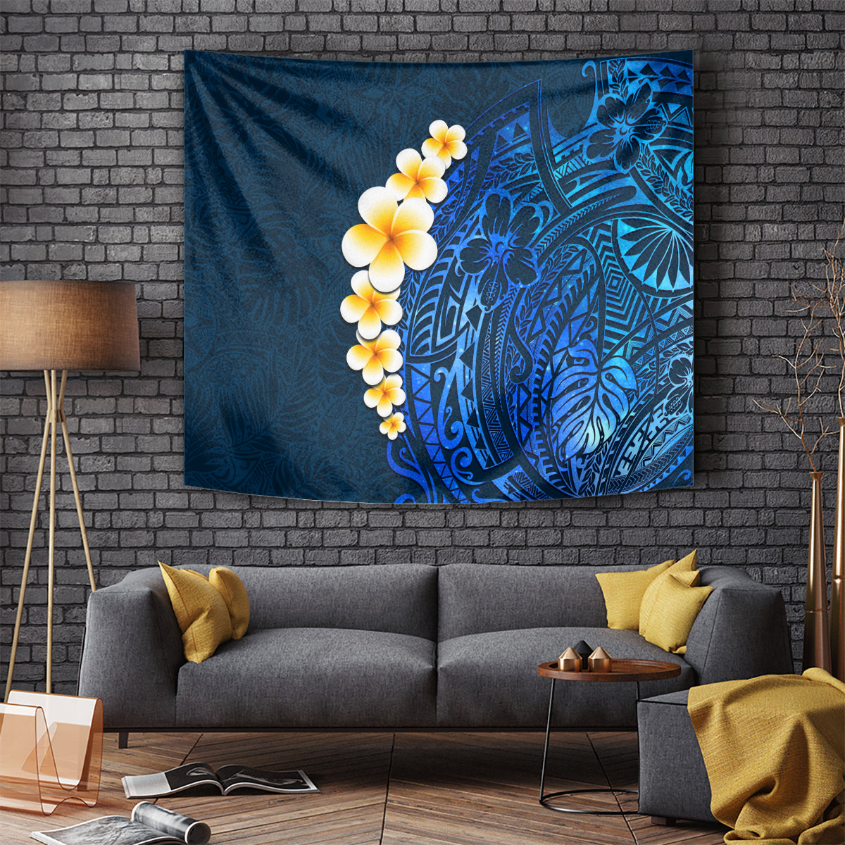 Blue Polynesia Tapestry Plumeria Tropical Leaves With Galaxy Polynesian Art - Wonder Print Shop