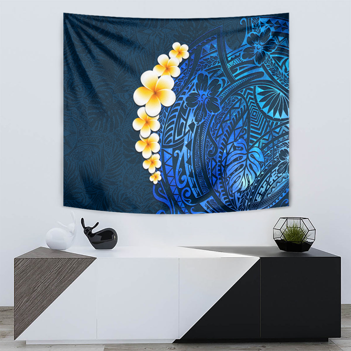 Blue Polynesia Tapestry Plumeria Tropical Leaves With Galaxy Polynesian Art - Wonder Print Shop