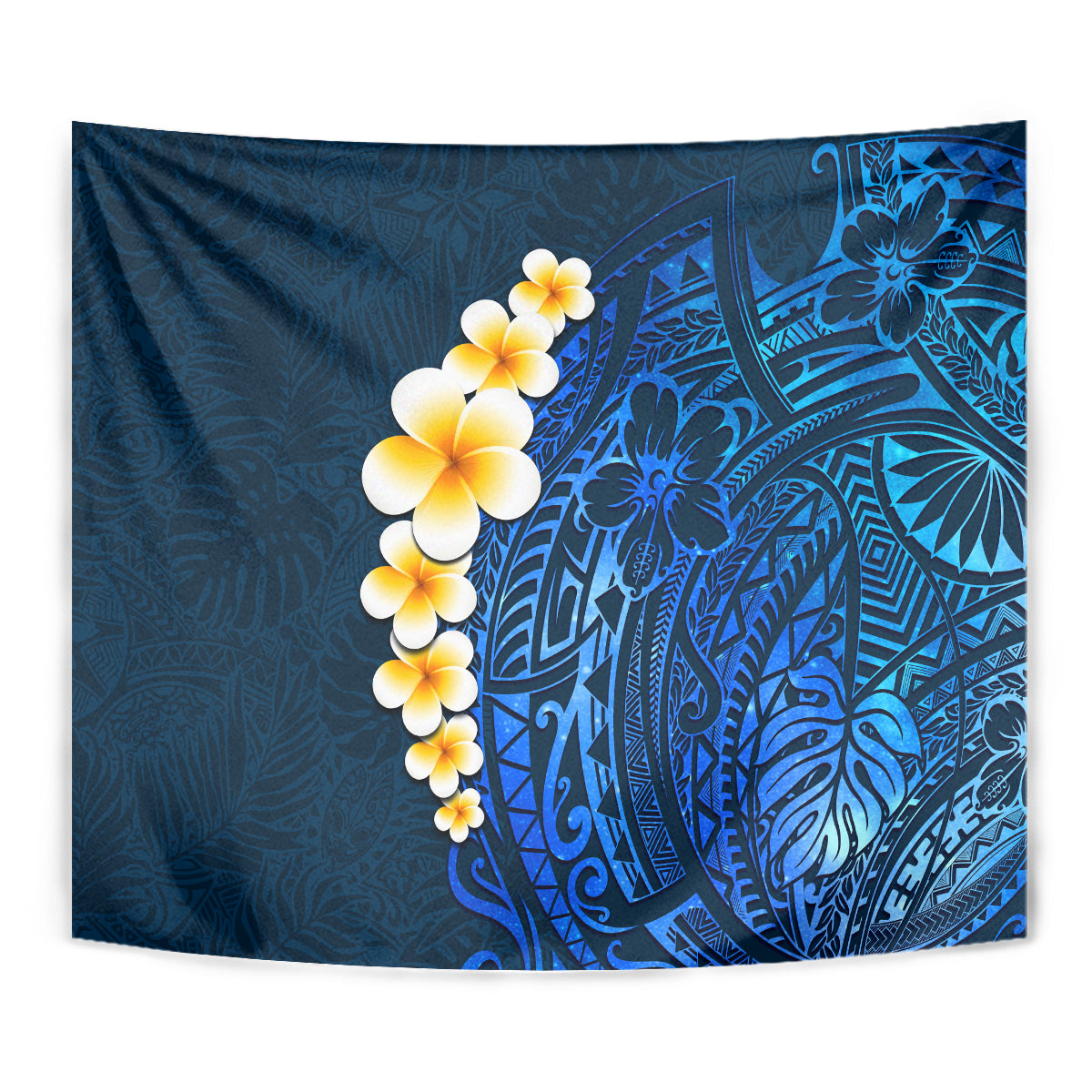 Blue Polynesia Tapestry Plumeria Tropical Leaves With Galaxy Polynesian Art - Wonder Print Shop