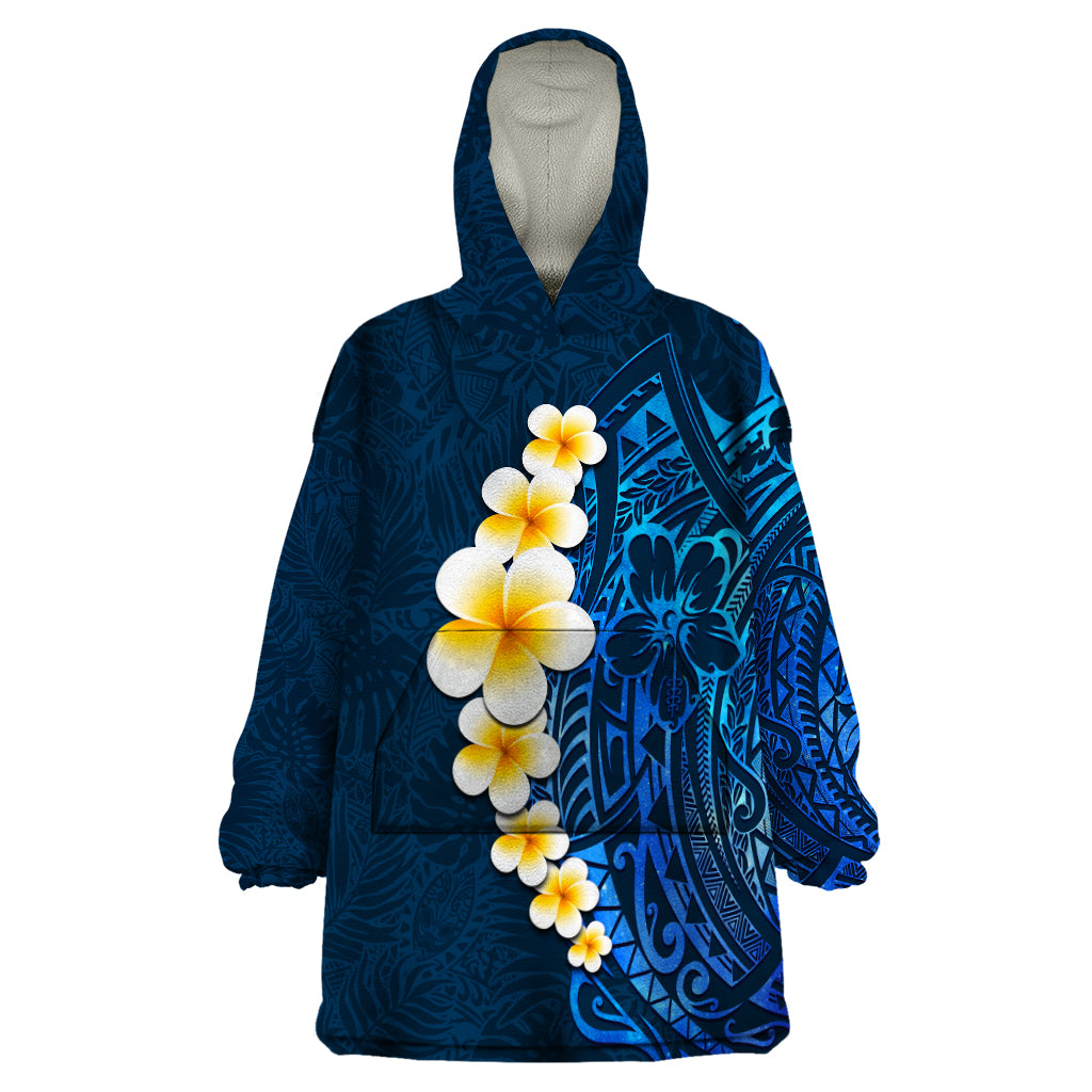 Blue Polynesia Wearable Blanket Hoodie Plumeria Tropical Leaves With Galaxy Polynesian Art - Wonder Print Shop