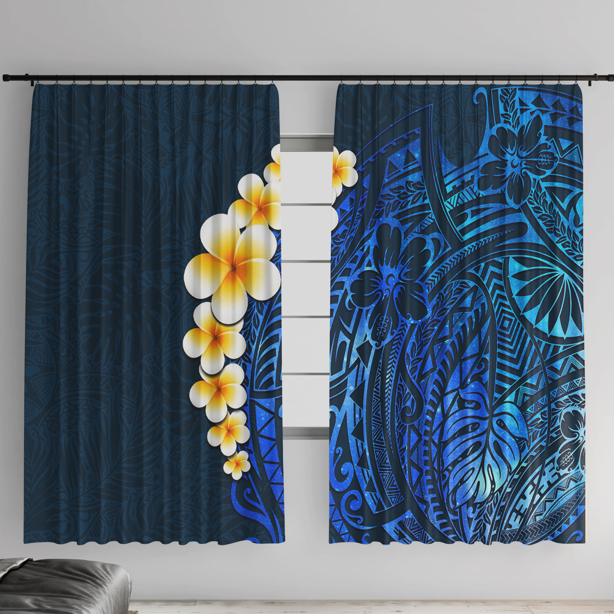 Blue Polynesia Window Curtain Plumeria Tropical Leaves With Galaxy Polynesian Art - Wonder Print Shop