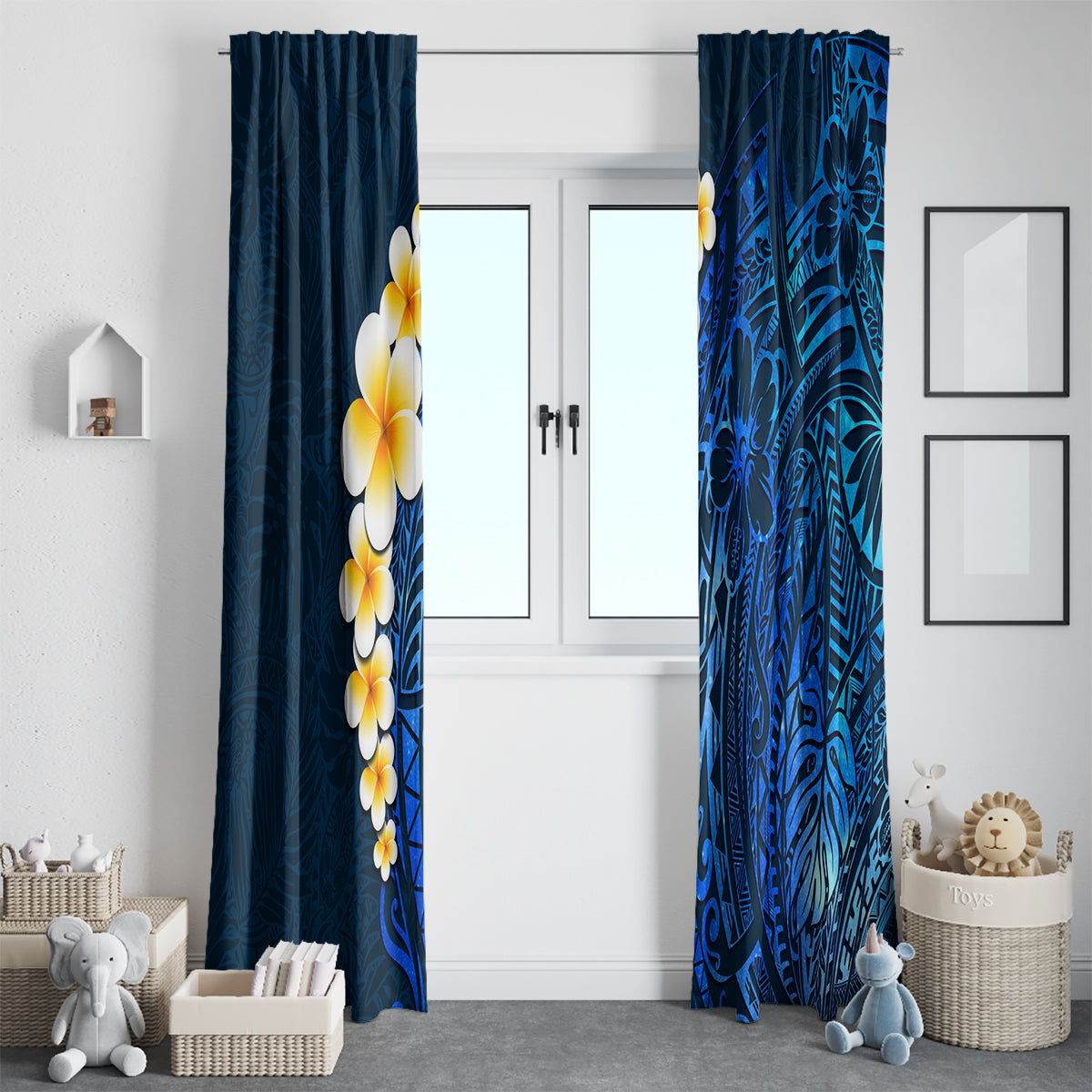 Blue Polynesia Window Curtain Plumeria Tropical Leaves With Galaxy Polynesian Art - Wonder Print Shop