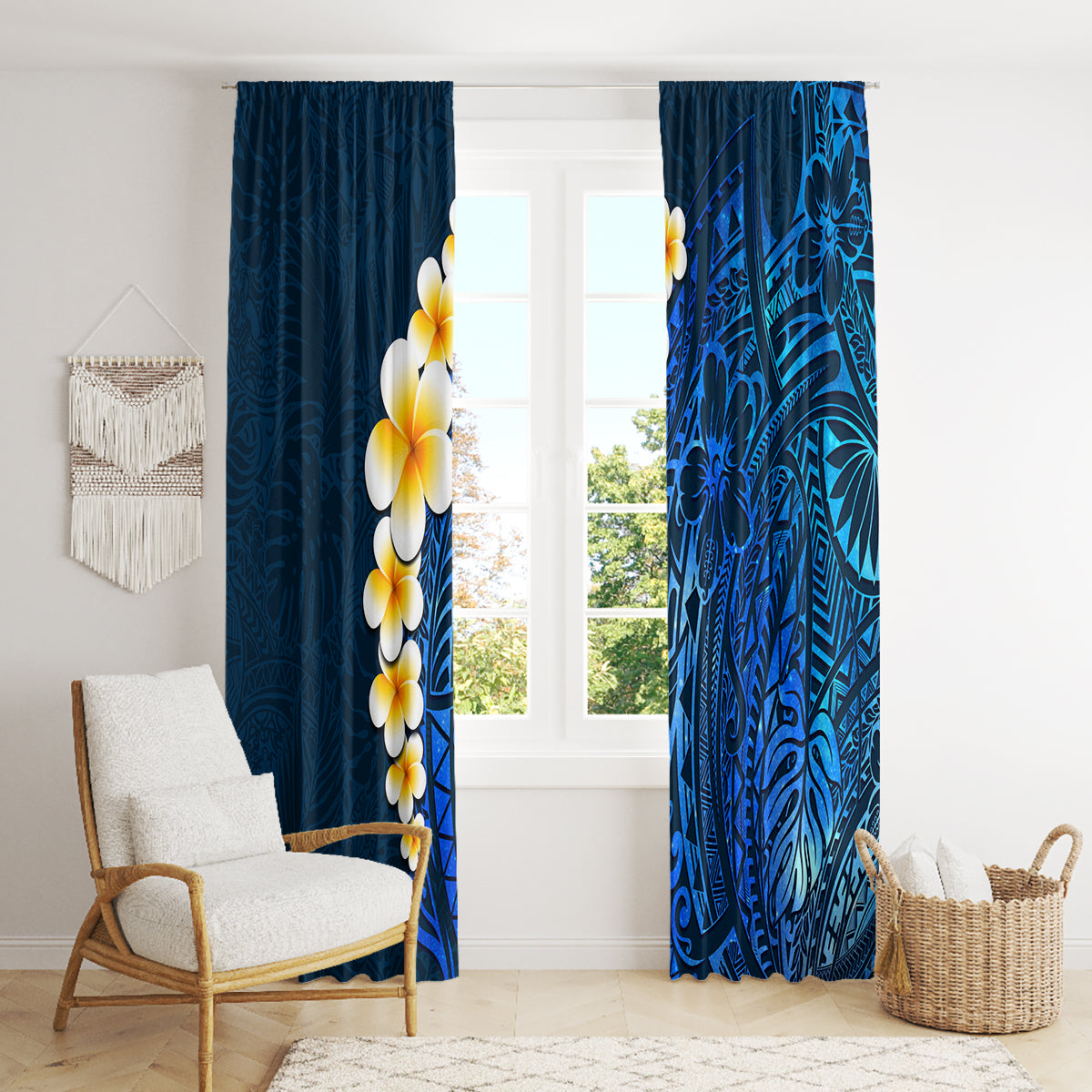 Blue Polynesia Window Curtain Plumeria Tropical Leaves With Galaxy Polynesian Art - Wonder Print Shop