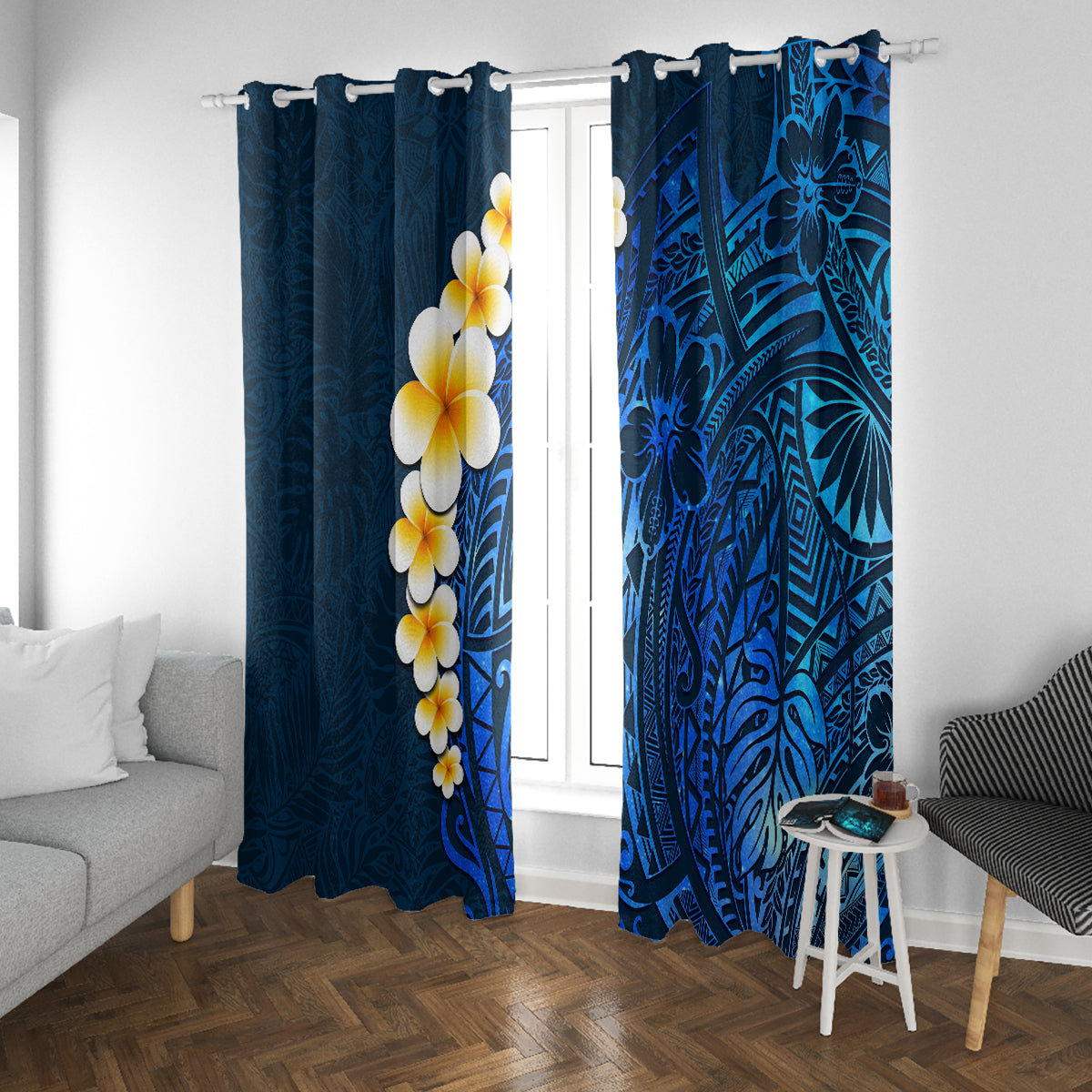 Blue Polynesia Window Curtain Plumeria Tropical Leaves With Galaxy Polynesian Art - Wonder Print Shop