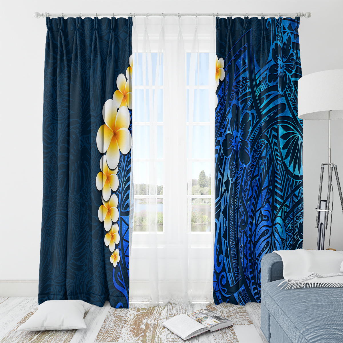Blue Polynesia Window Curtain Plumeria Tropical Leaves With Galaxy Polynesian Art - Wonder Print Shop