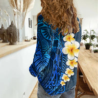Blue Polynesia Women Casual Shirt Plumeria Tropical Leaves With Galaxy Polynesian Art - Wonder Print Shop