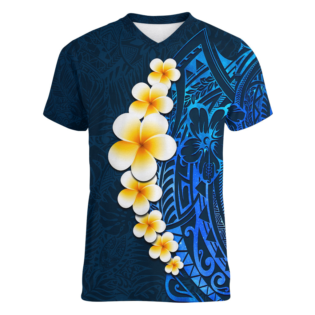 Blue Polynesia Women V Neck T Shirt Plumeria Tropical Leaves With Galaxy Polynesian Art - Wonder Print Shop
