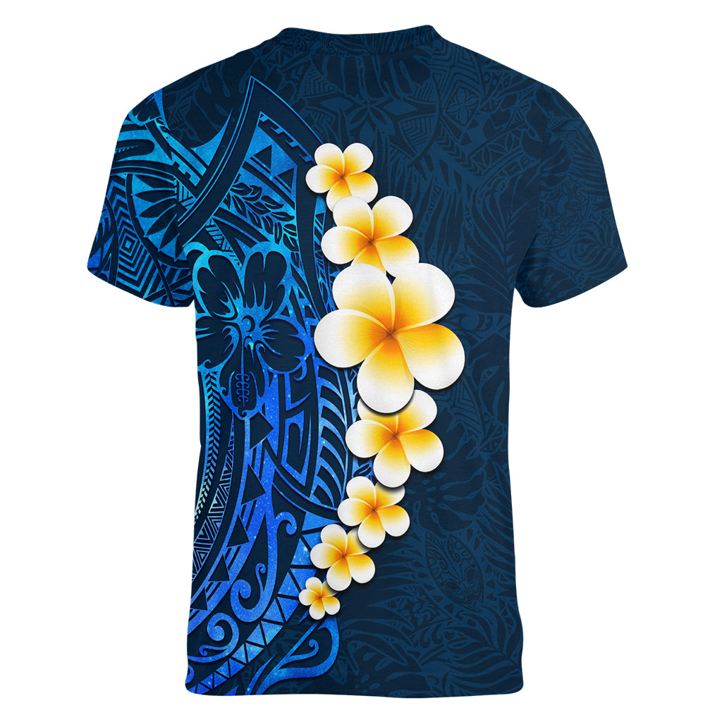 Blue Polynesia Women V Neck T Shirt Plumeria Tropical Leaves With Galaxy Polynesian Art - Wonder Print Shop