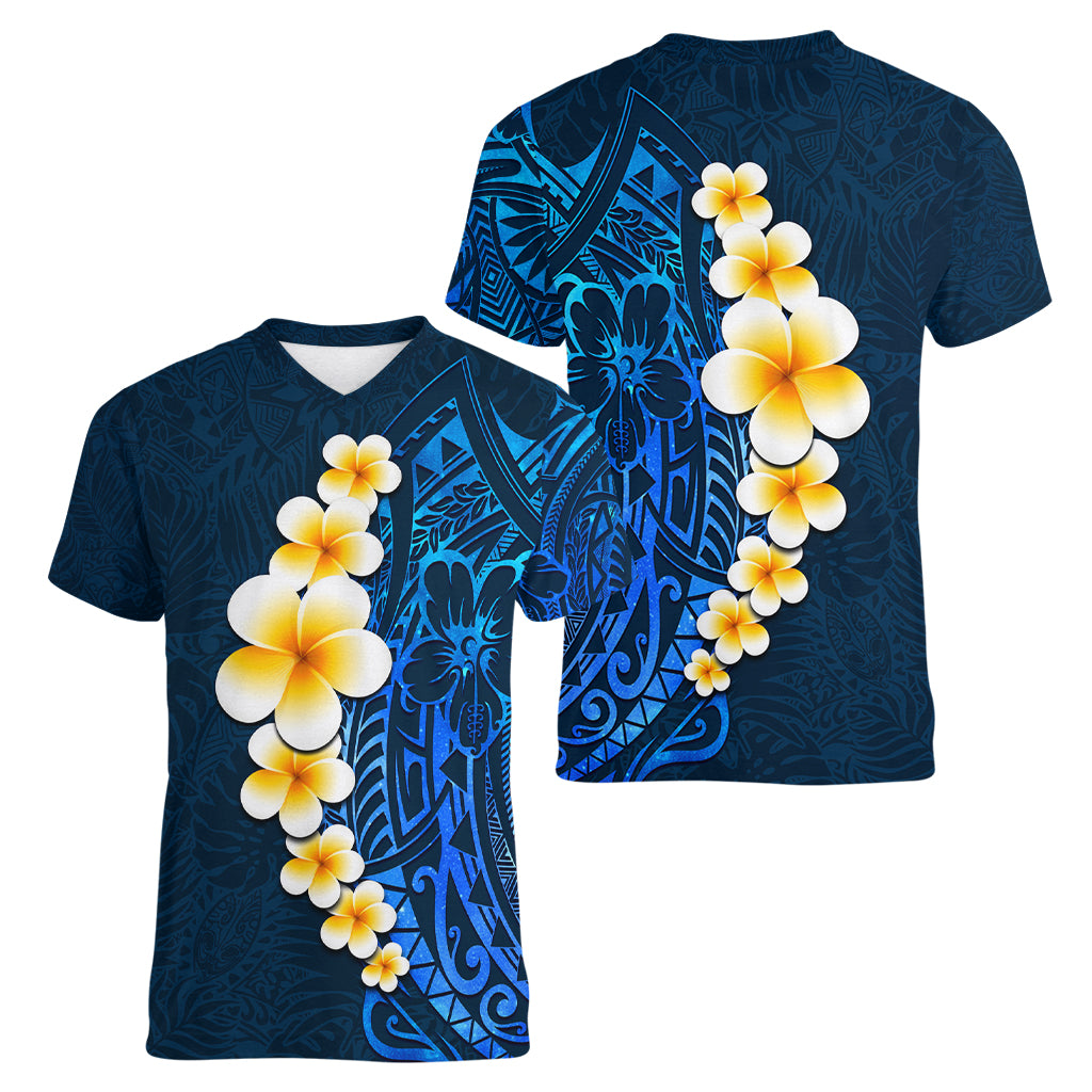 Blue Polynesia Women V Neck T Shirt Plumeria Tropical Leaves With Galaxy Polynesian Art - Wonder Print Shop