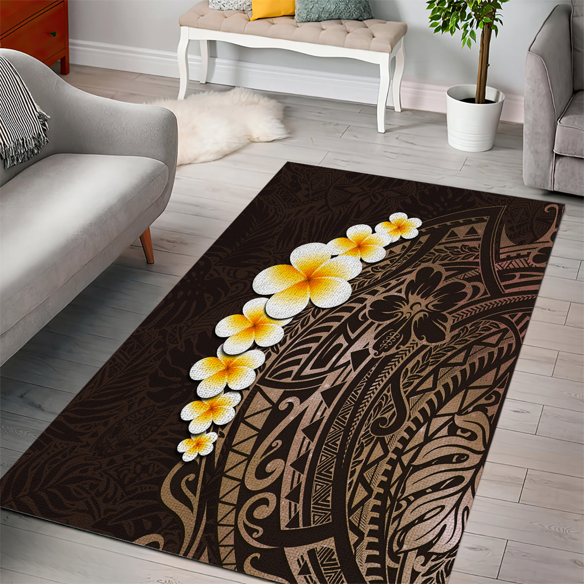 Brown Polynesia Area Rug Plumeria Tropical Leaves With Galaxy Polynesian Art - Wonder Print Shop