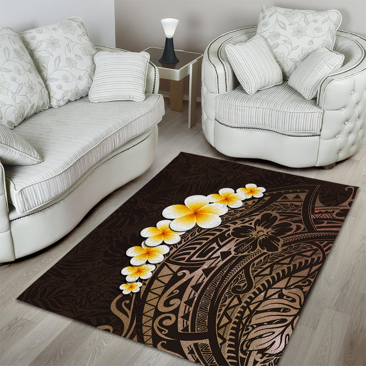 Brown Polynesia Area Rug Plumeria Tropical Leaves With Galaxy Polynesian Art - Wonder Print Shop