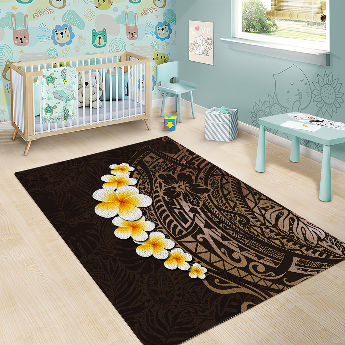 Brown Polynesia Area Rug Plumeria Tropical Leaves With Galaxy Polynesian Art - Wonder Print Shop
