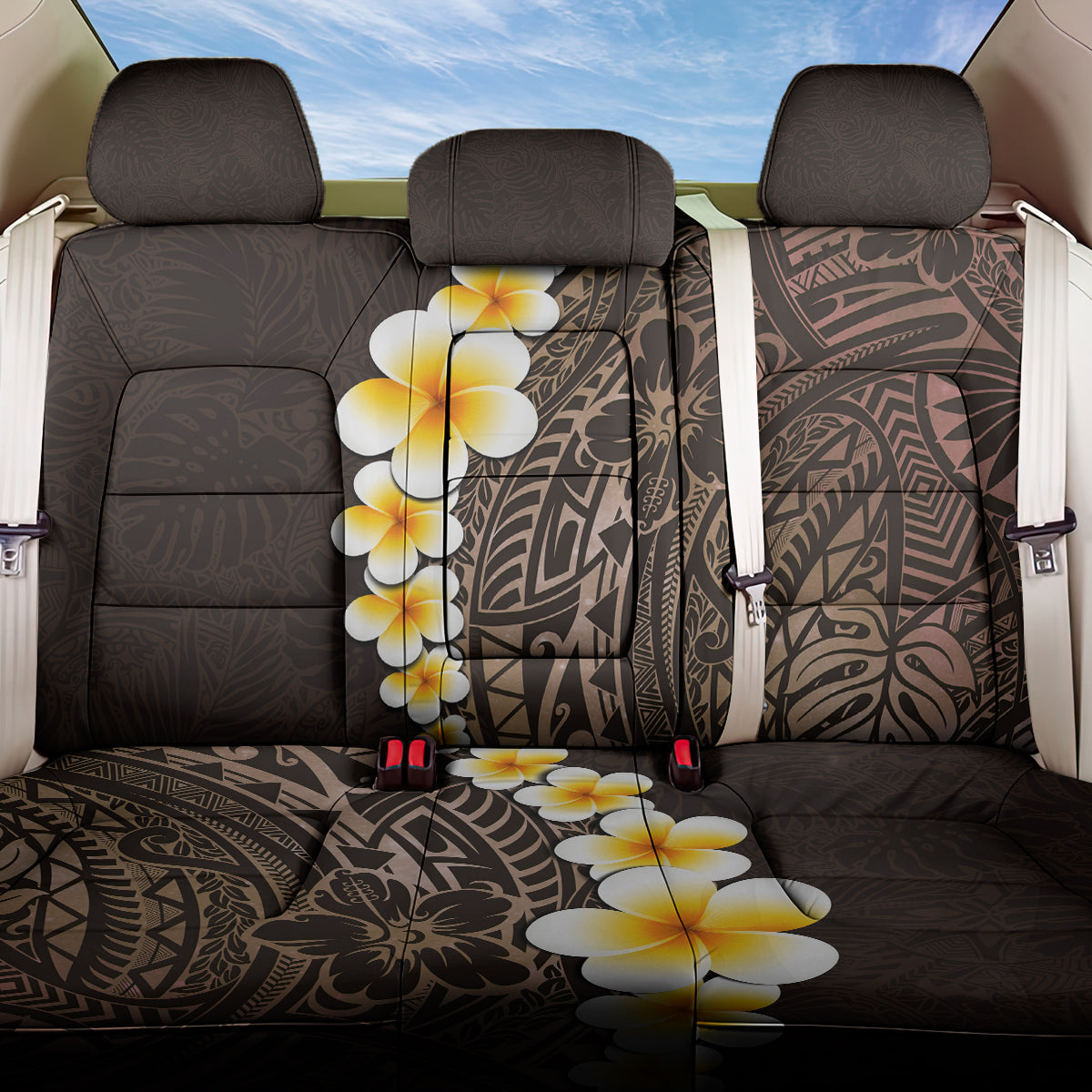 Brown Polynesia Back Car Seat Cover Plumeria Tropical Leaves With Galaxy Polynesian Art - Wonder Print Shop