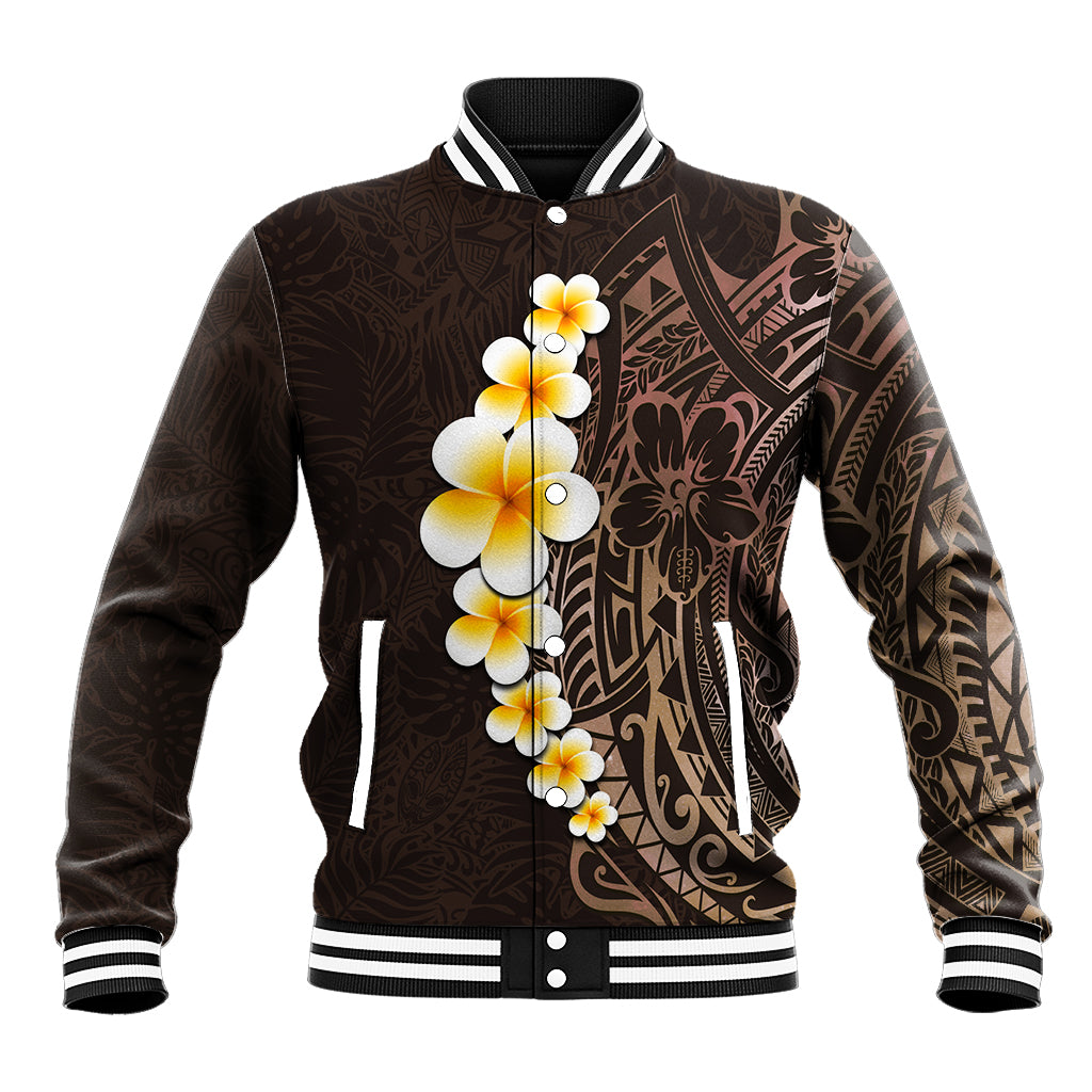 Brown Polynesia Baseball Jacket Plumeria Tropical Leaves With Galaxy Polynesian Art - Wonder Print Shop