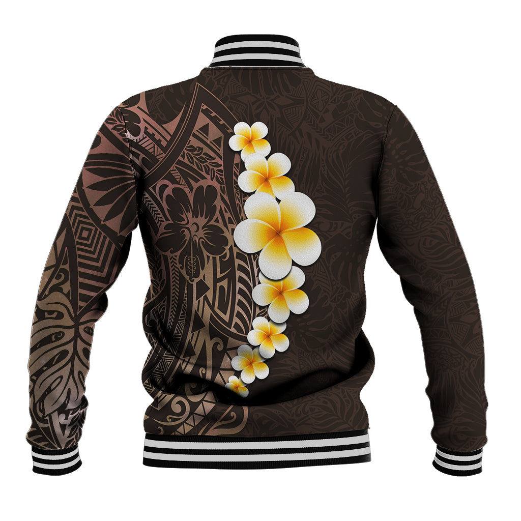 Brown Polynesia Baseball Jacket Plumeria Tropical Leaves With Galaxy Polynesian Art - Wonder Print Shop