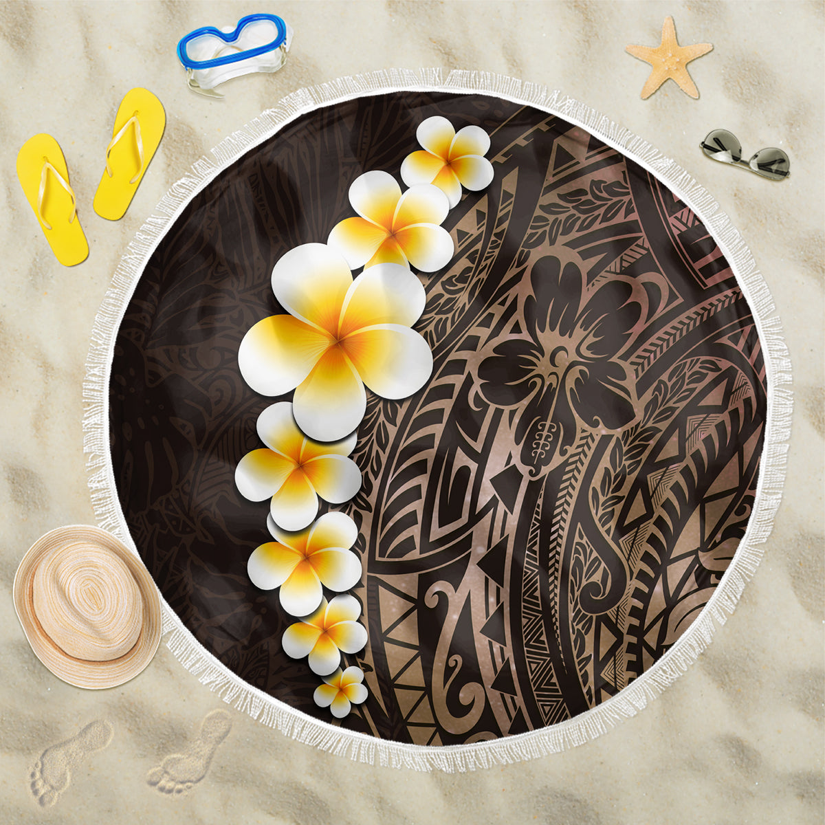 Brown Polynesia Beach Blanket Plumeria Tropical Leaves With Galaxy Polynesian Art - Wonder Print Shop
