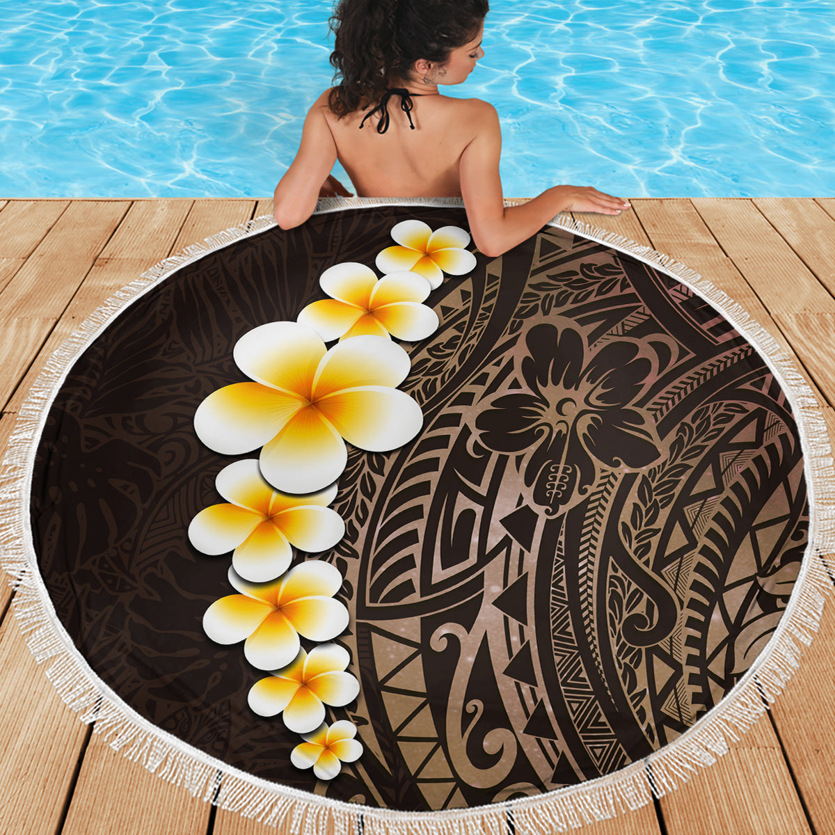 Brown Polynesia Beach Blanket Plumeria Tropical Leaves With Galaxy Polynesian Art - Wonder Print Shop