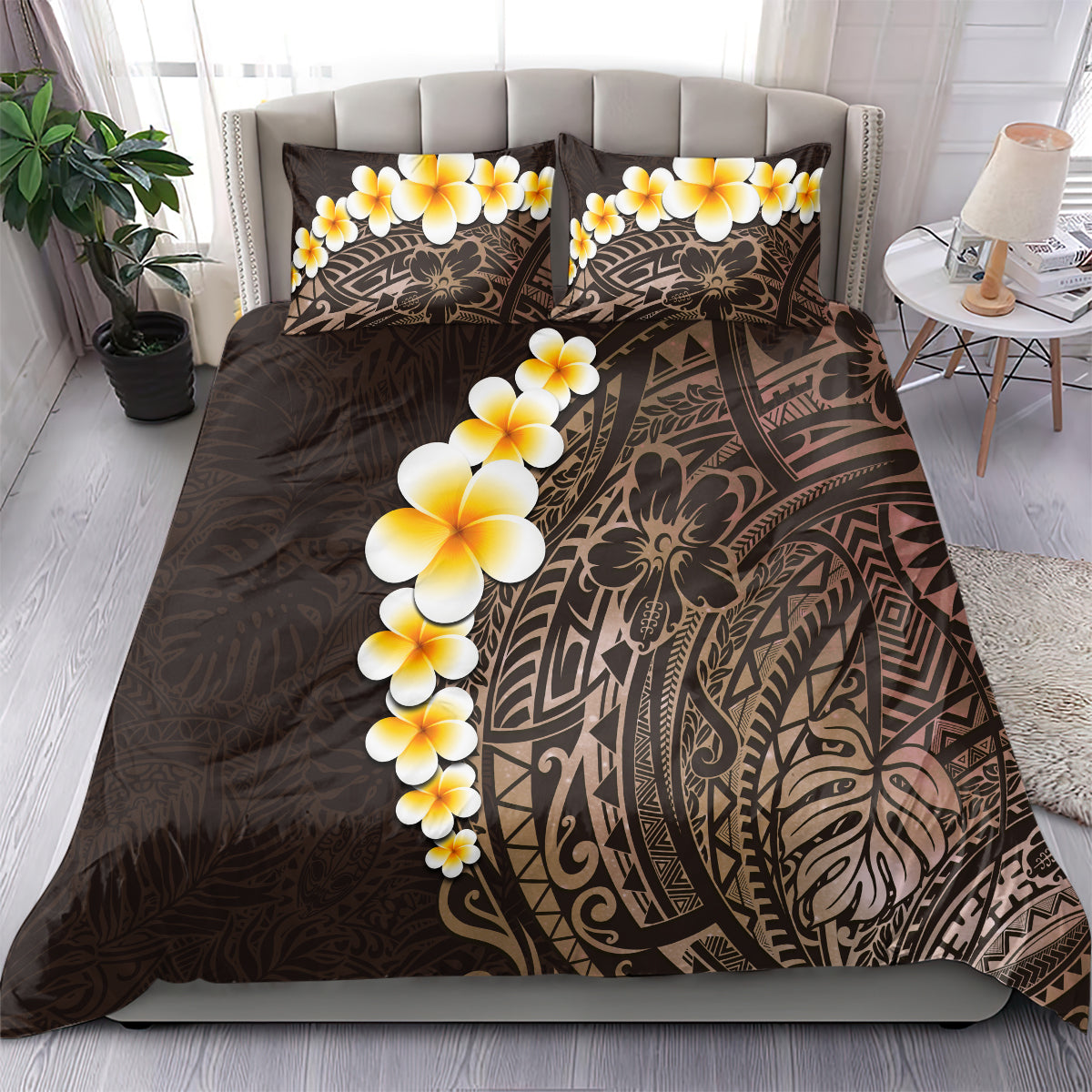 Brown Polynesia Bedding Set Plumeria Tropical Leaves With Galaxy Polynesian Art - Wonder Print Shop
