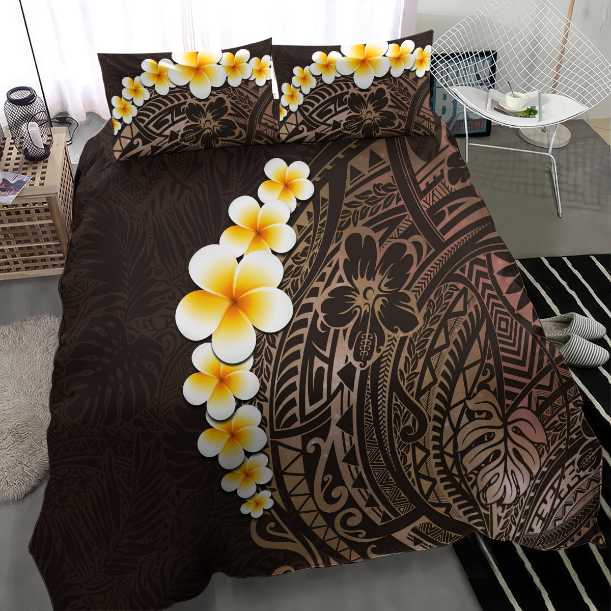 Brown Polynesia Bedding Set Plumeria Tropical Leaves With Galaxy Polynesian Art - Wonder Print Shop