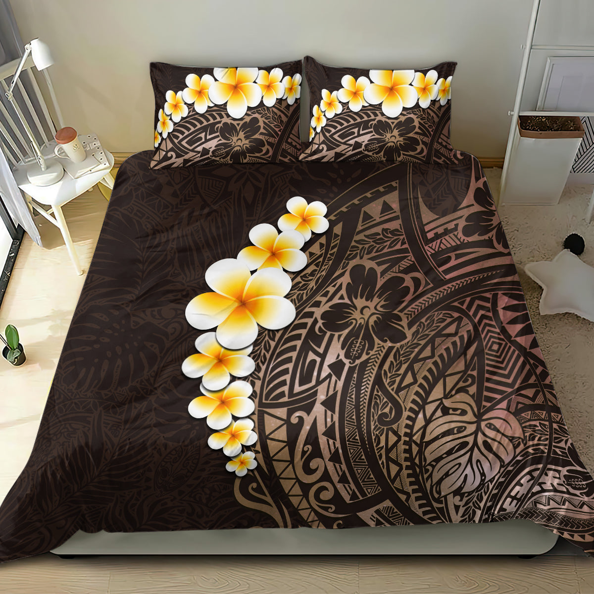 Brown Polynesia Bedding Set Plumeria Tropical Leaves With Galaxy Polynesian Art - Wonder Print Shop