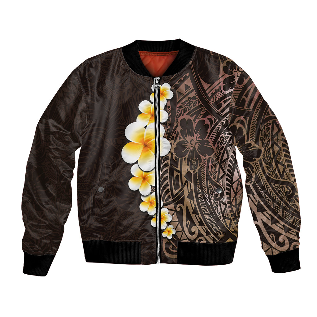 Brown Polynesia Bomber Jacket Plumeria Tropical Leaves With Galaxy Polynesian Art - Wonder Print Shop